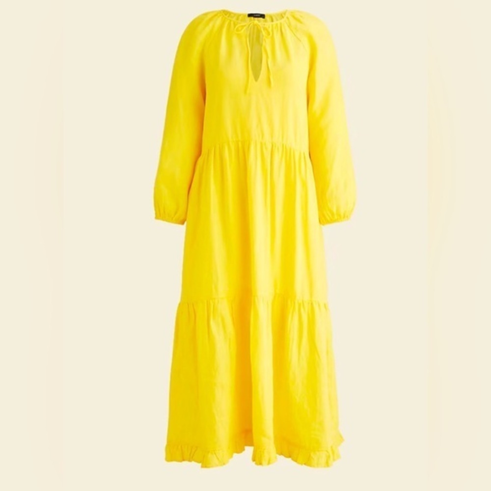 EUC J Crew Long Sleeve Tiered Linen Dress in Sunny Yellow Size XS/S #LS4